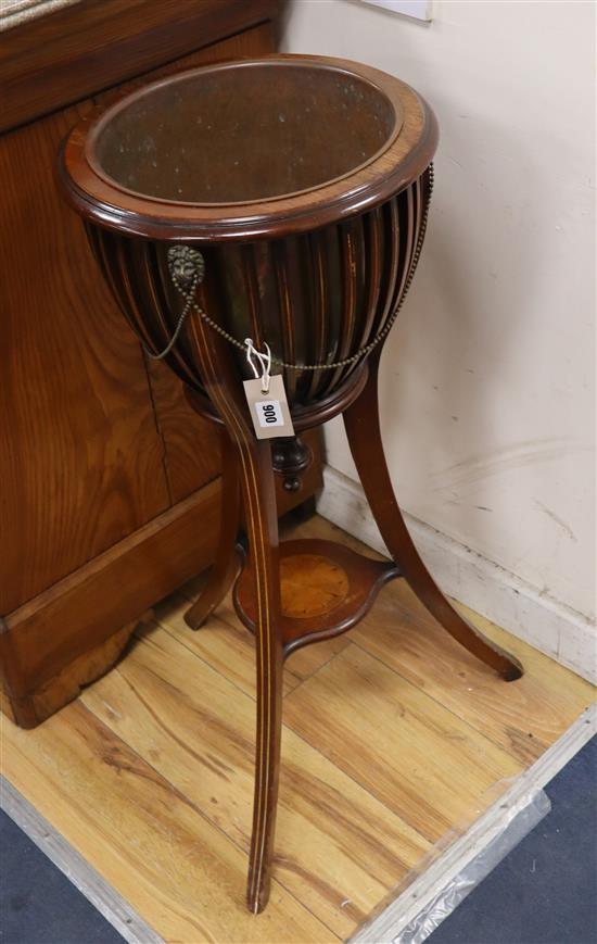 An Edwardian inlaid mahogany jardiniere stand with liner H.84cm